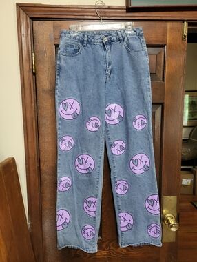 Shein Denim Jeans with Purple Smiley Face Art